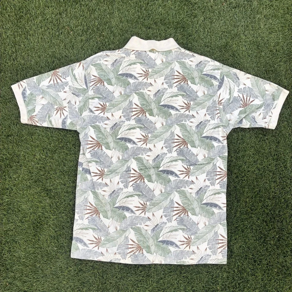 Tropical Cotton Mens XL Polo Shirt Botanical Leaf Print Short Sleeve Off White